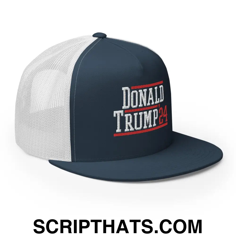 Donald Trump 2024 Flat Bill Brim Snapback Trucker Hat Navy White