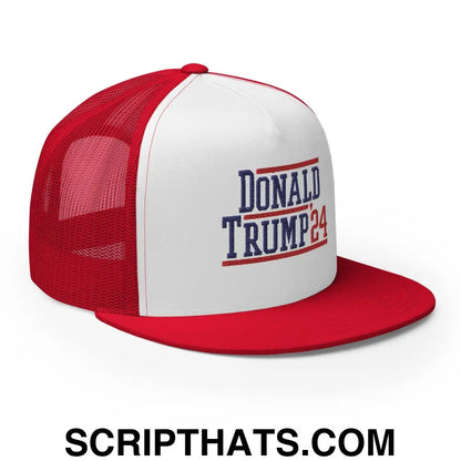 Donald Trump 2024 Flat Bill Brim Snapback Trucker Hat Red White Red