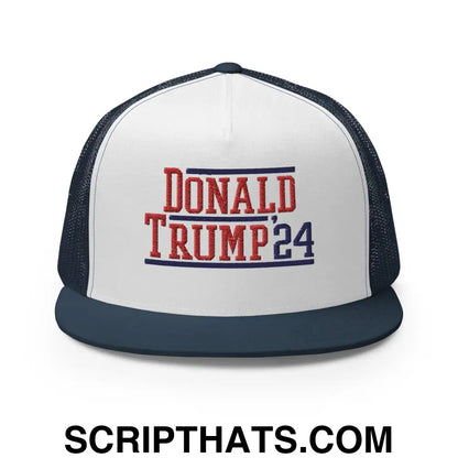 Donald Trump 2024 Flat Bill Brim Snapback Trucker Hat Navy White Navy