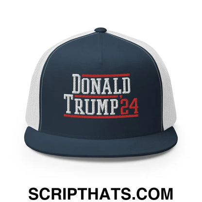 Donald Trump 2024 Flat Bill Brim Snapback Trucker Hat Navy White