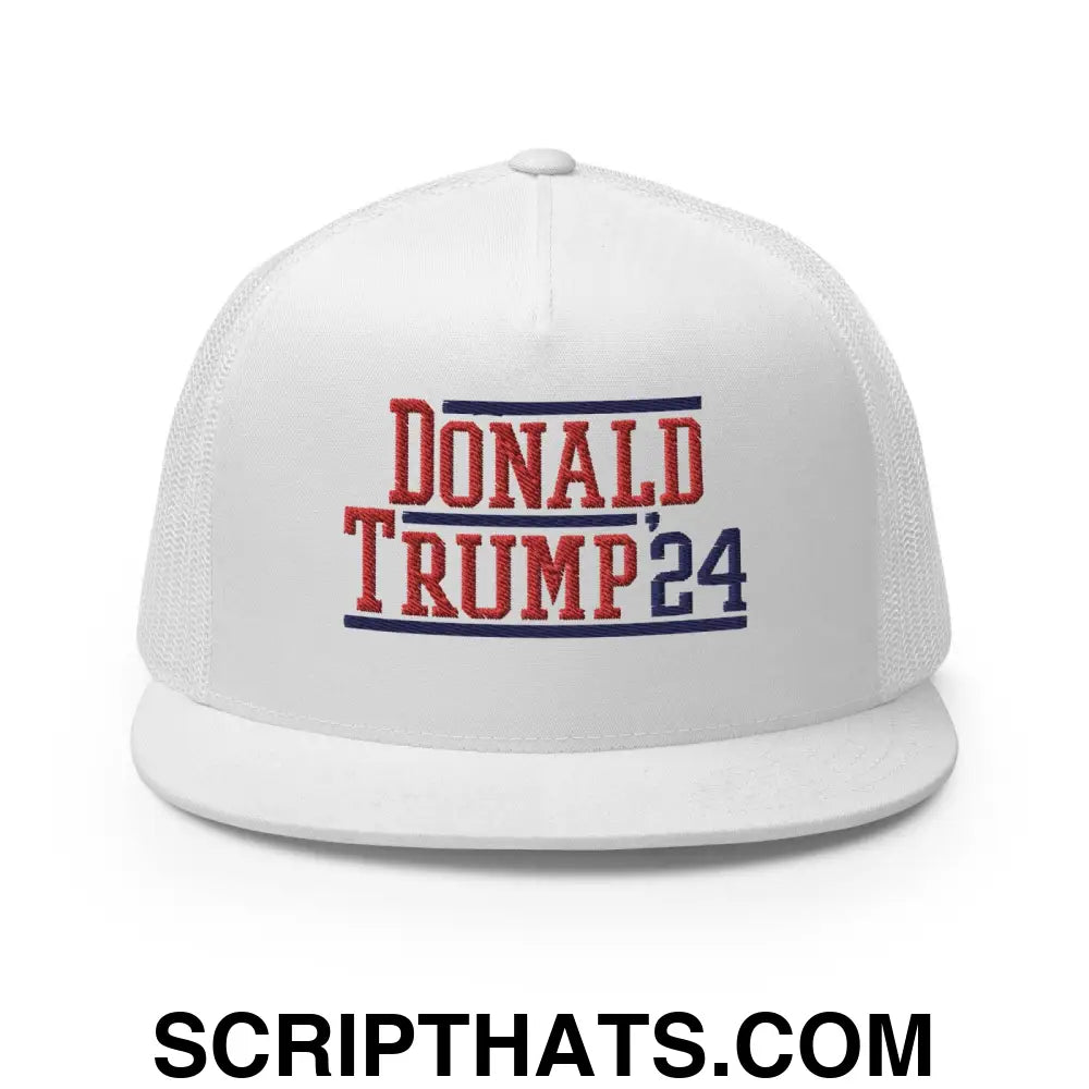 Donald Trump 2024 Flat Bill Brim Snapback Trucker Hat White