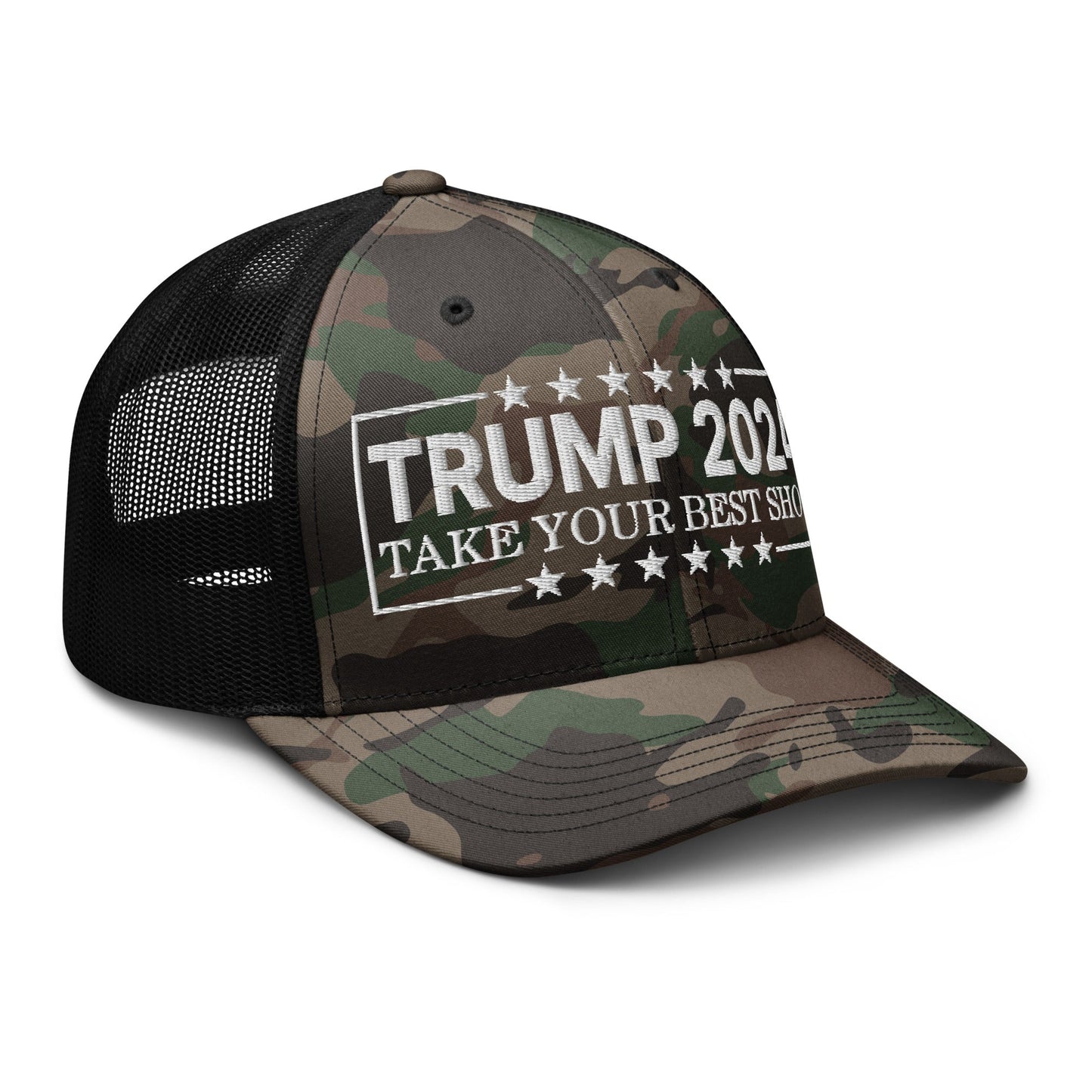 Donald Trump 2024 Take Your Best Shot Camo Trucker Hat Camo Black