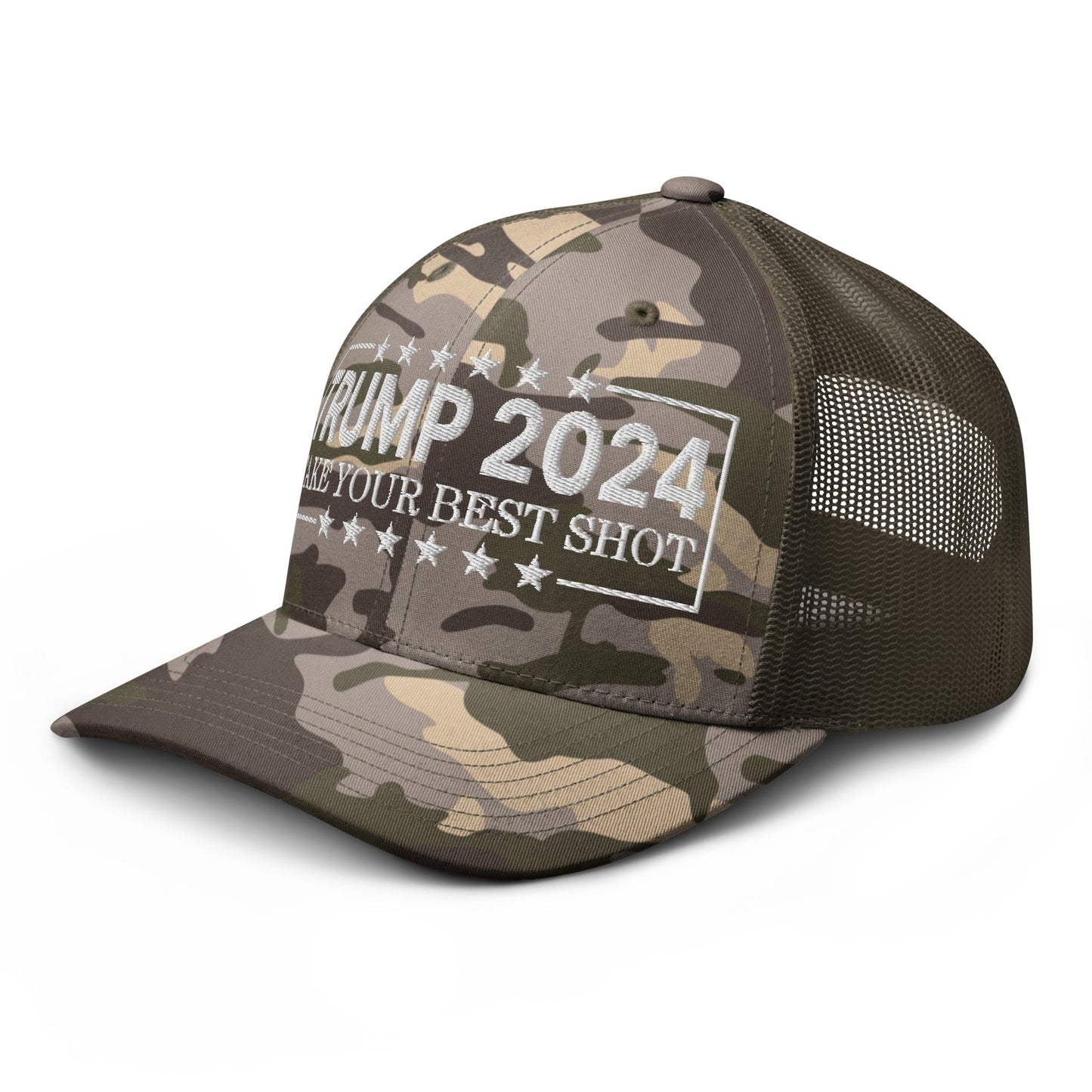 Donald Trump 2024 Take Your Best Shot Camo Trucker Hat Camo Olive