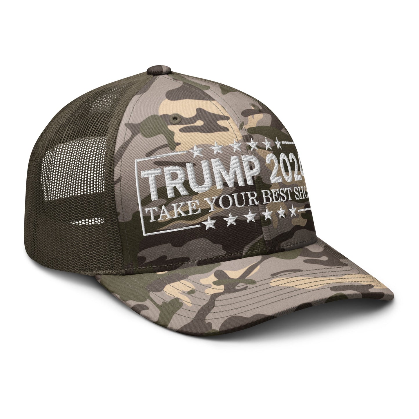 Donald Trump 2024 Take Your Best Shot Camo Trucker Hat Camo Olive