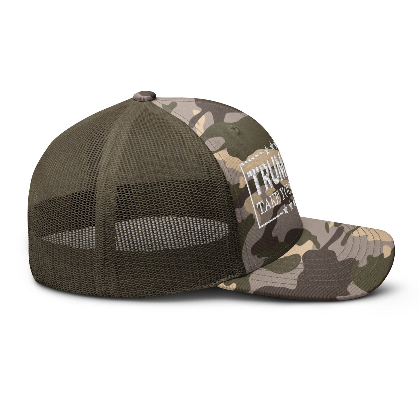 Donald Trump 2024 Take Your Best Shot Camo Trucker Hat Camo Olive