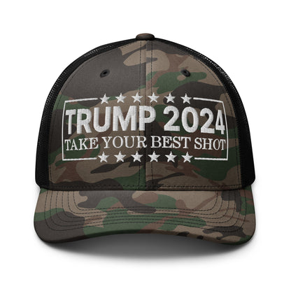 Donald Trump 2024 Take Your Best Shot Camo Trucker Hat Camo Black