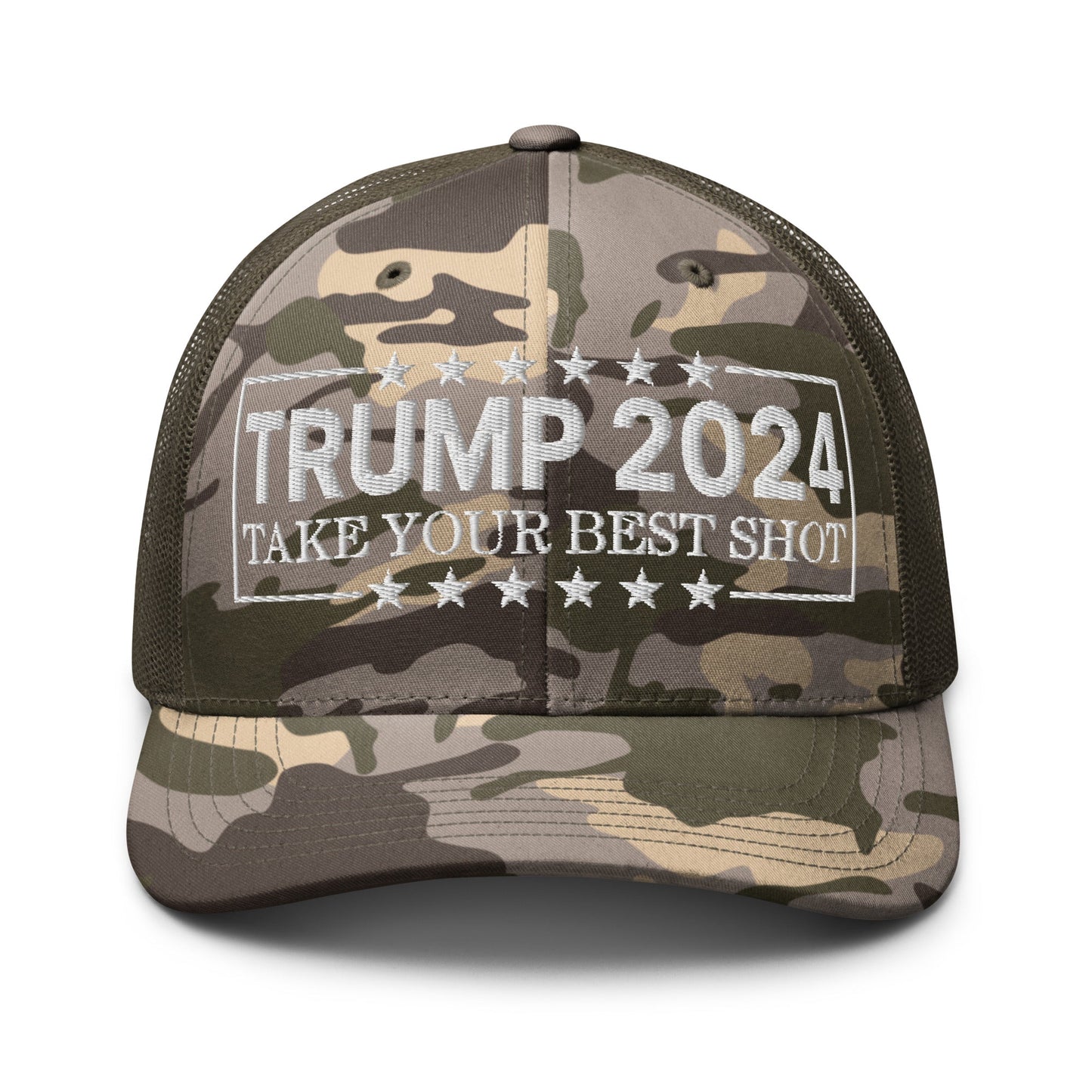 Donald Trump 2024 Take Your Best Shot Camo Trucker Hat Camo Olive