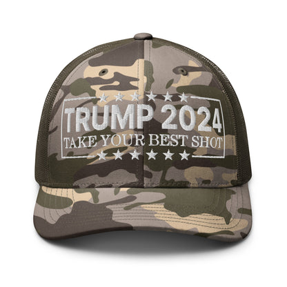 Donald Trump 2024 Take Your Best Shot Camo Trucker Hat Camo Olive