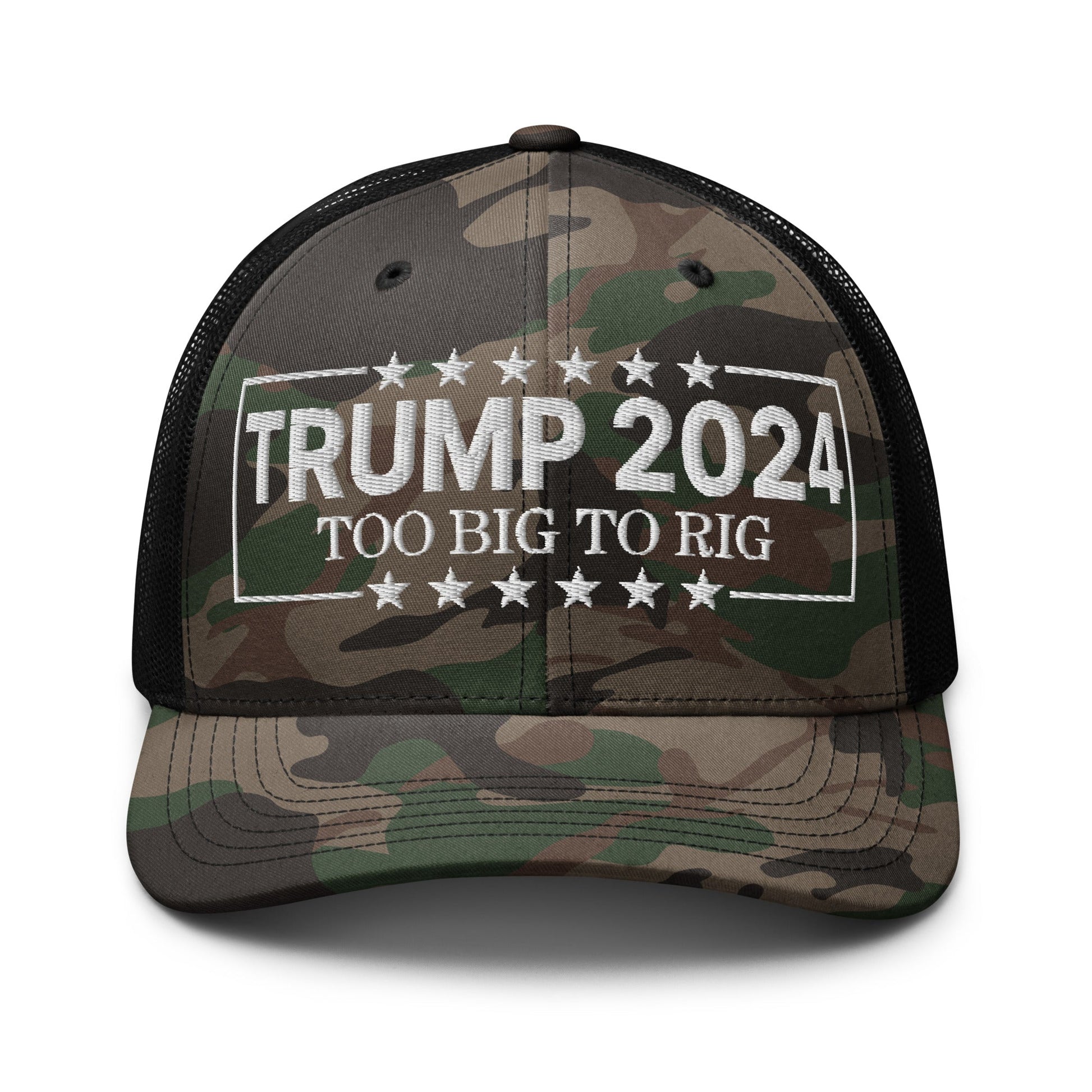 Donald Trump 2024 Too Big to Rig Camo Trucker Hat Camo Black