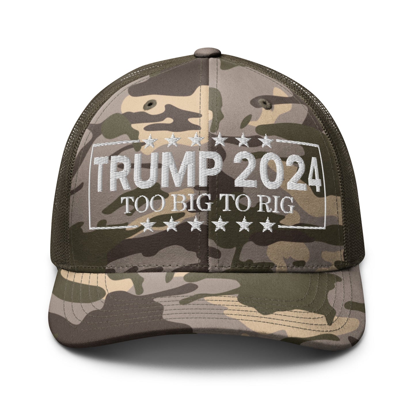 Donald Trump 2024 Too Big to Rig Camo Trucker Hat Camo Olive