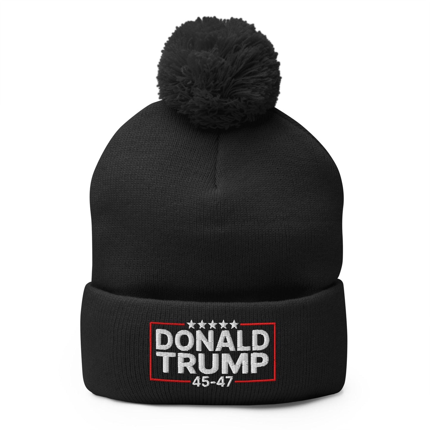 Donald Trump 45-47 Embroidered Knit Pom Pom Beanie Black