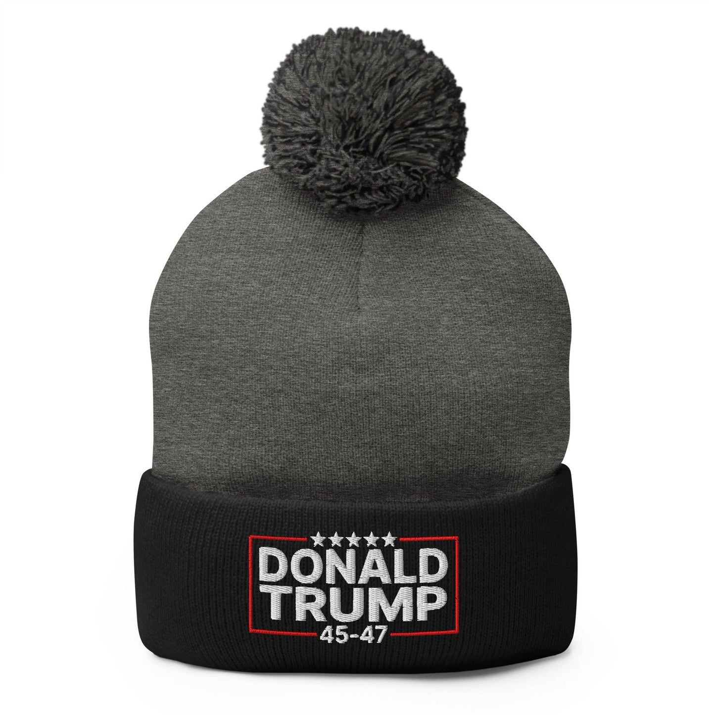 Donald Trump 45-47 Embroidered Knit Pom Pom Beanie Dark Heather Grey Black