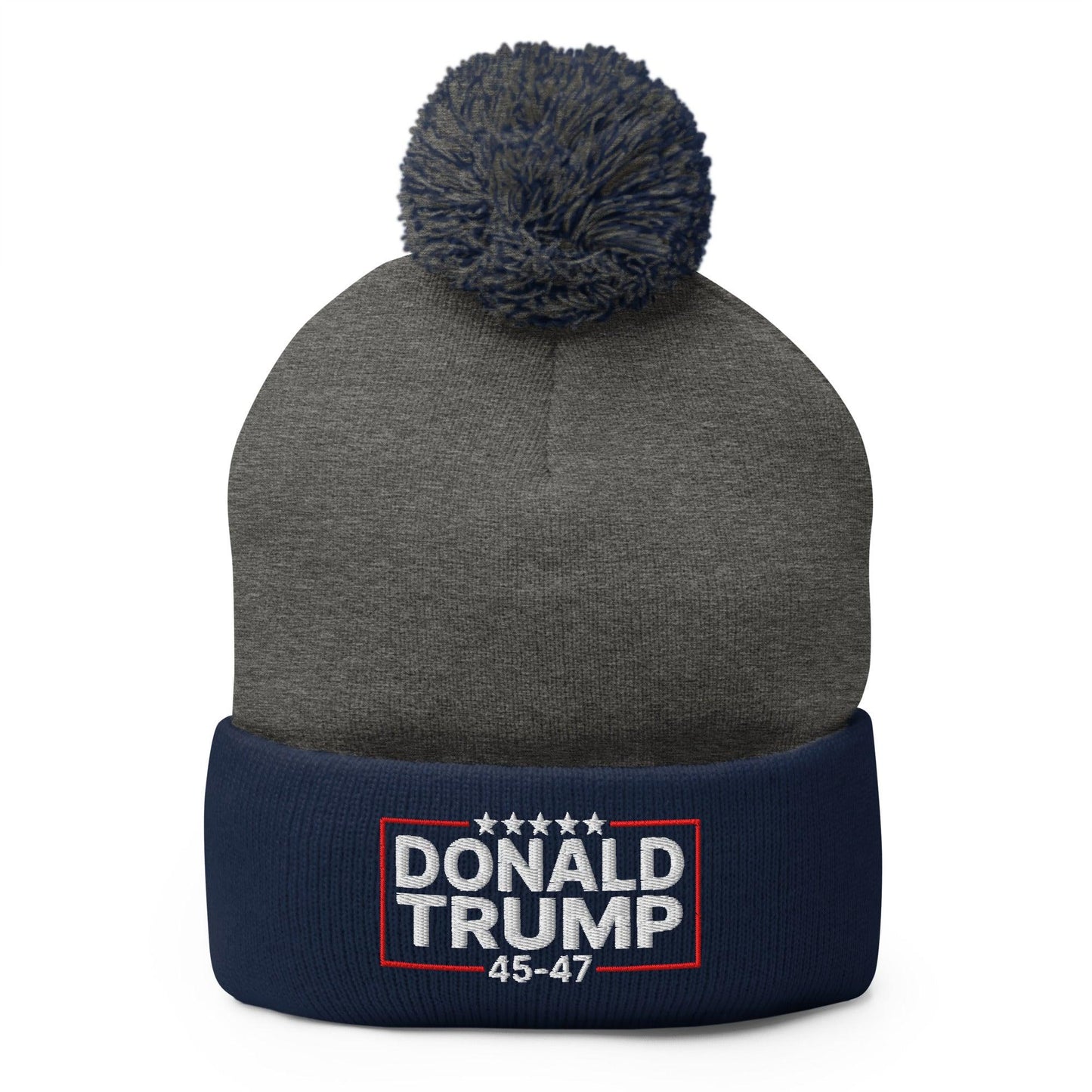 Donald Trump 45-47 Embroidered Knit Pom Pom Beanie Dark Heather Grey Navy