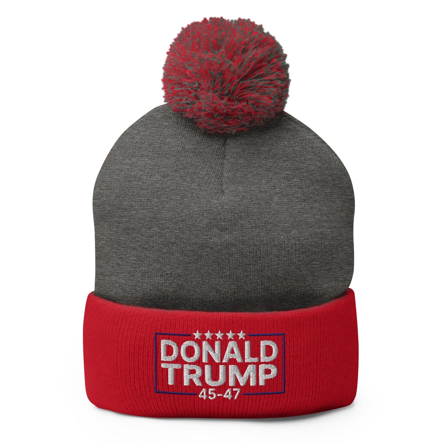 Donald Trump 45-47 Embroidered Knit Pom Pom Beanie Dark Heather Grey Red