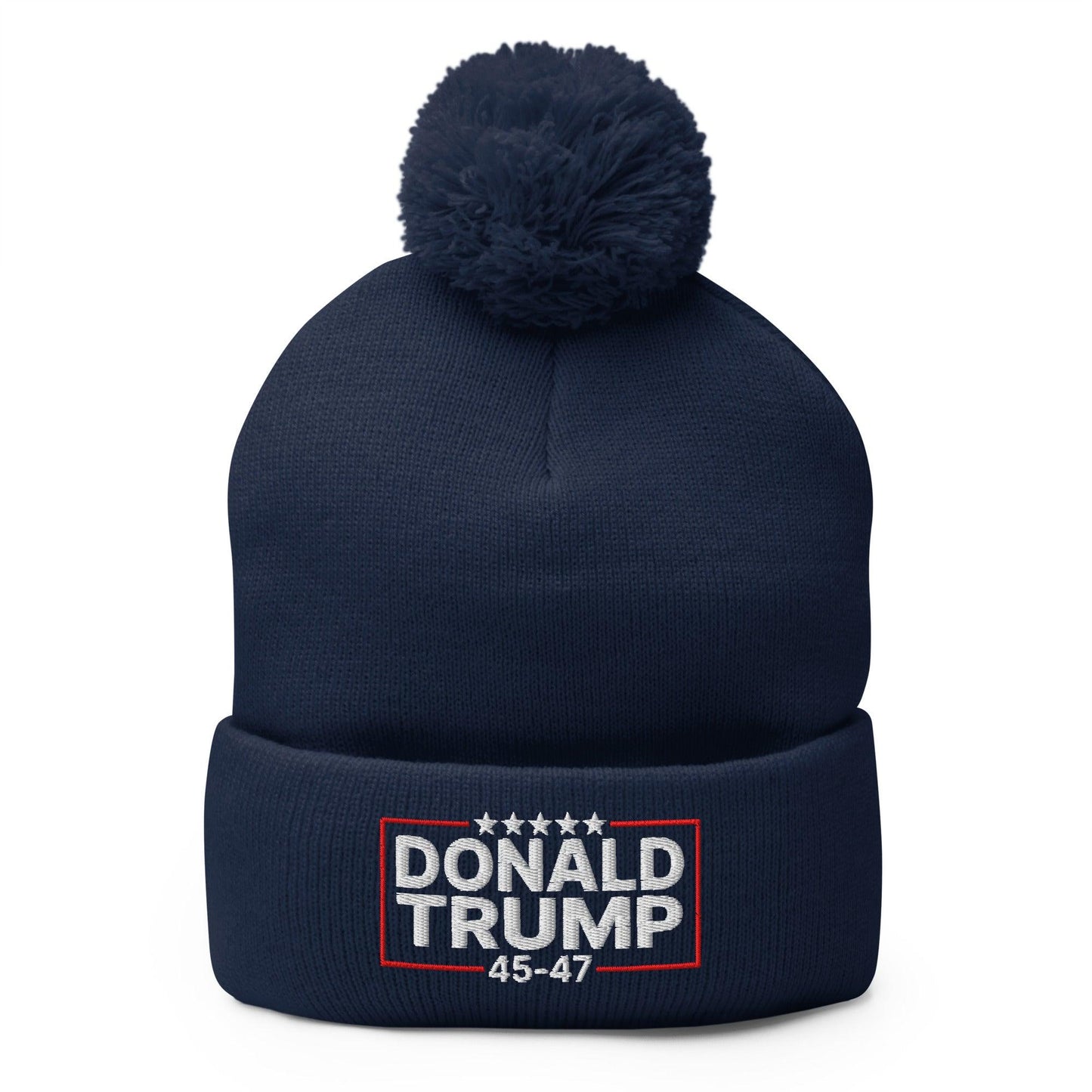 Donald Trump 45-47 Embroidered Knit Pom Pom Beanie Navy