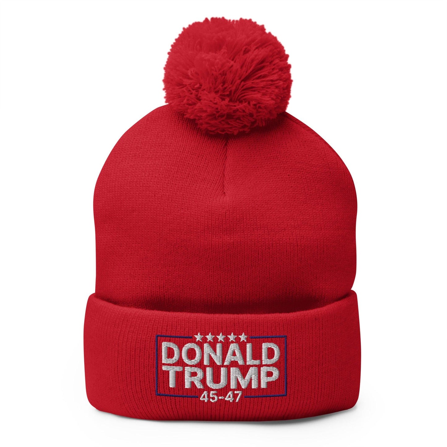 Donald Trump 45-47 Embroidered Knit Pom Pom Beanie Red