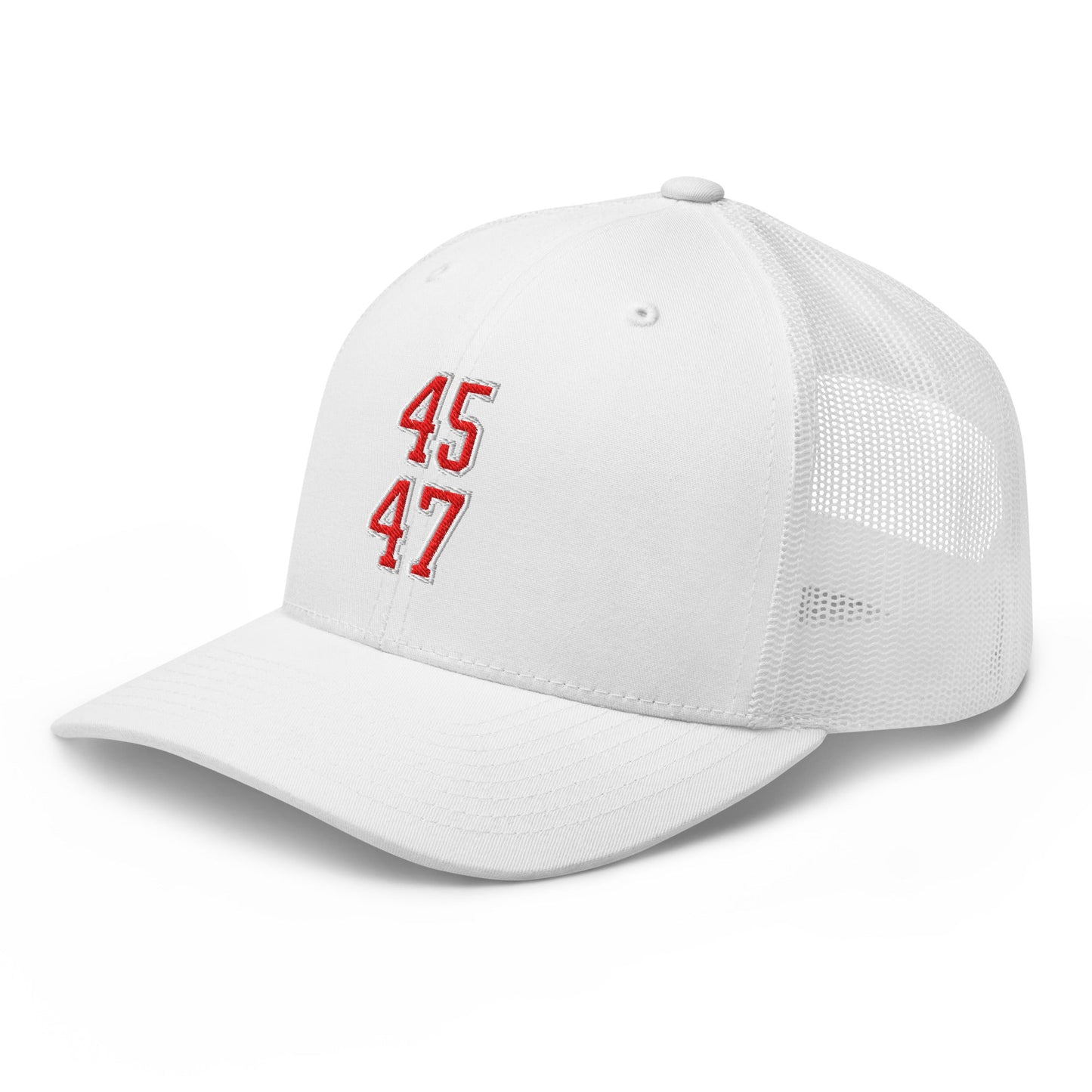 Donald Trump 45-47 Embroidered Mesh Trucker Hat Red/White White