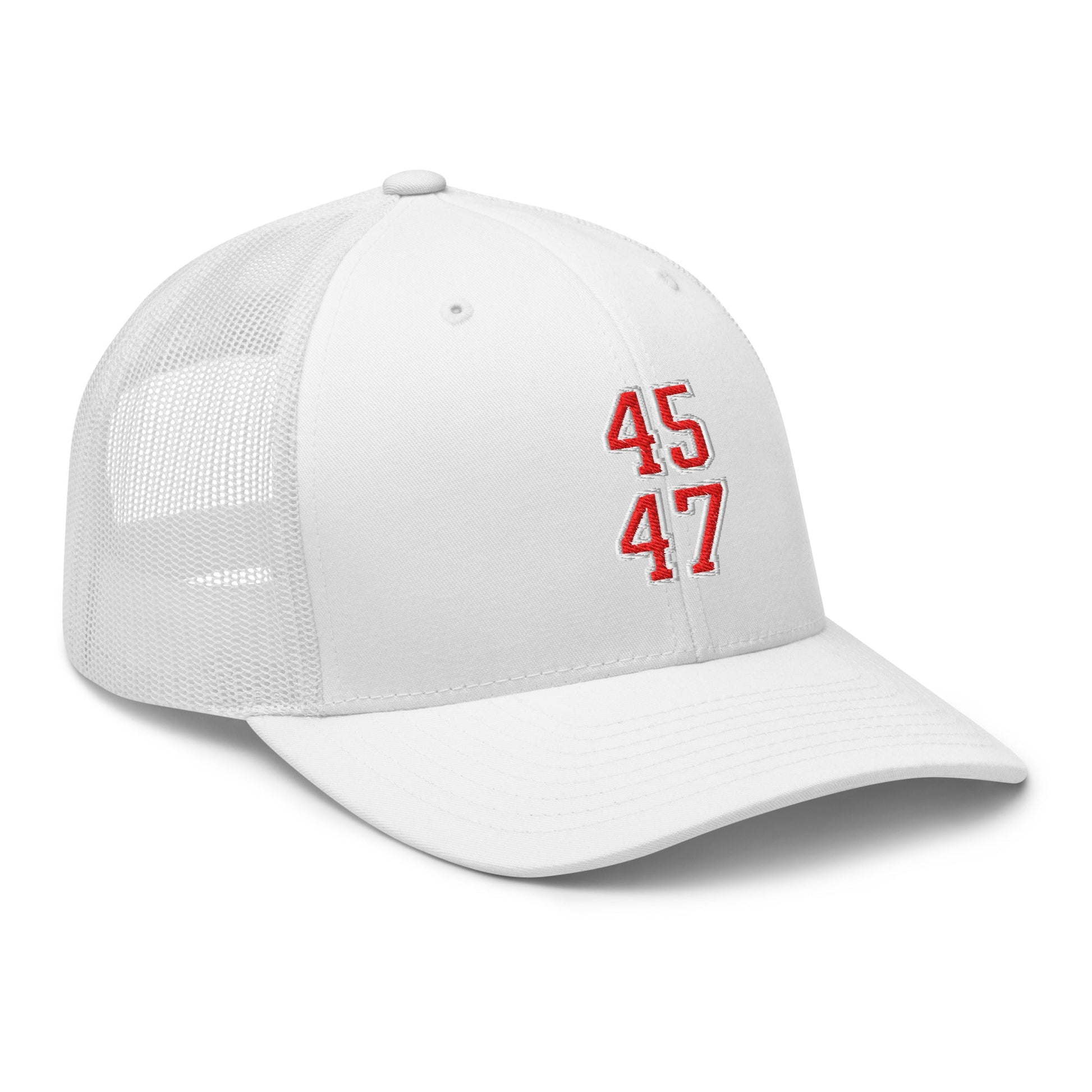 Donald Trump 45-47 Embroidered Mesh Trucker Hat Red/White White