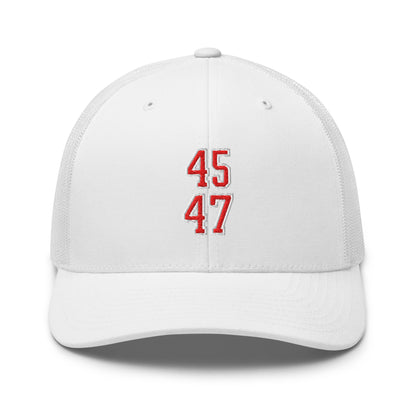 Donald Trump 45-47 Embroidered Mesh Trucker Hat Red/White White