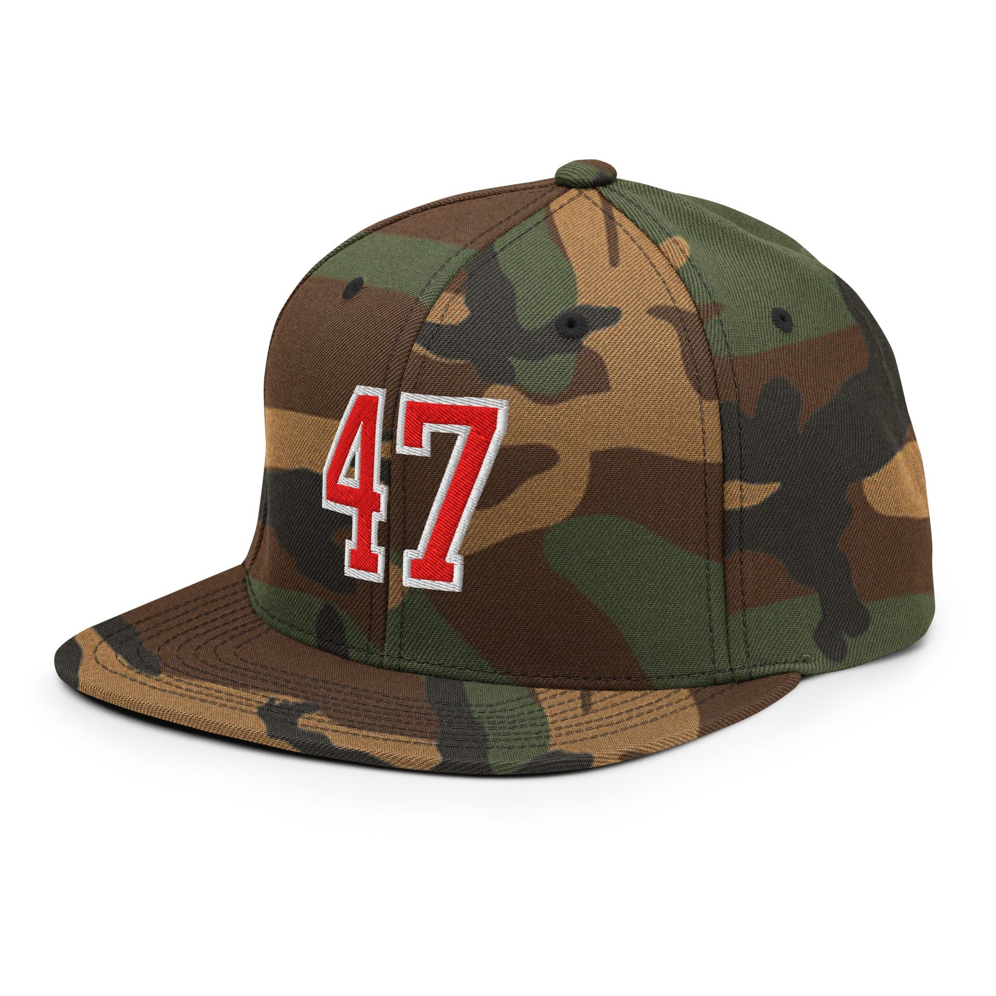 Donald Trump 47 Embroidered Flat Bill Brim Snapback Hat Red/White Green Camo