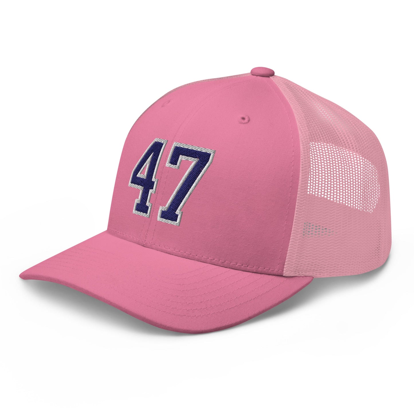 Donald Trump 47 Embroidered Mesh Trucker Hat Blue/White Pink