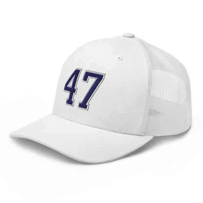 Donald Trump 47 Embroidered Mesh Trucker Hat Blue/White White