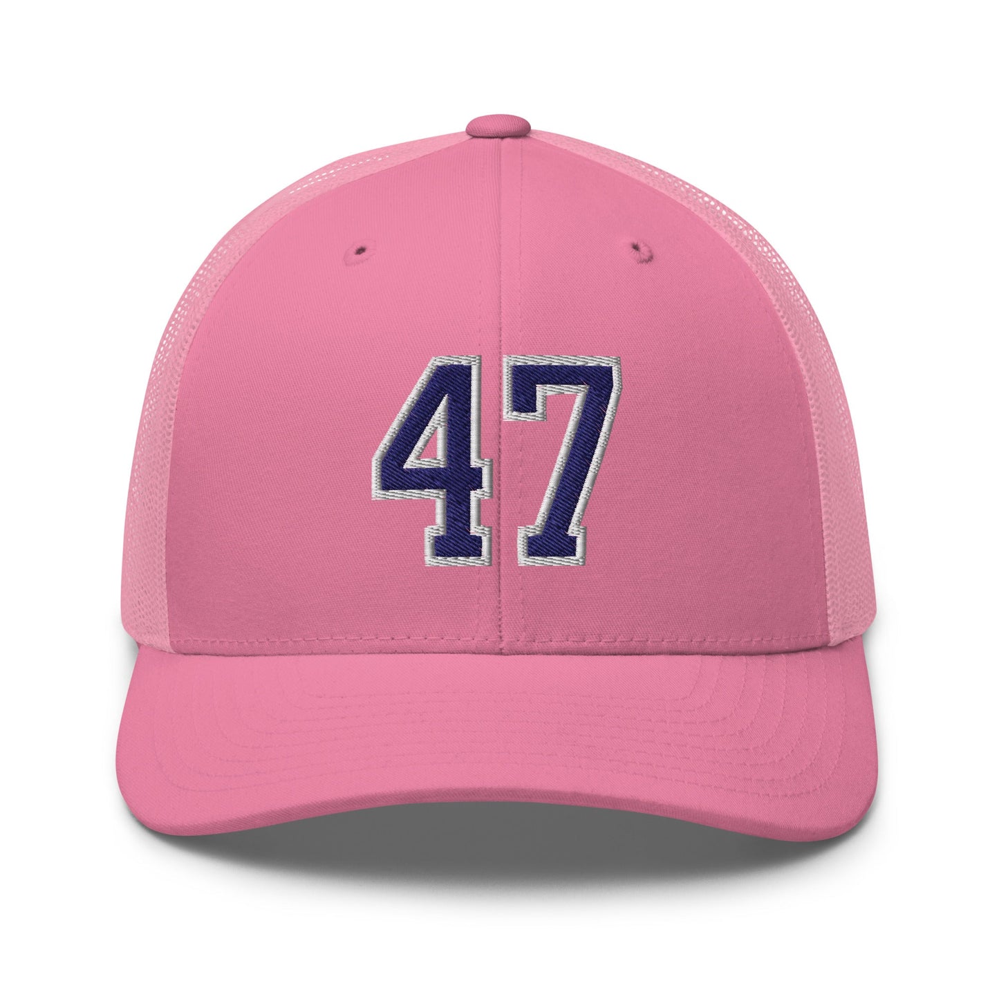 Donald Trump 47 Embroidered Mesh Trucker Hat Blue/White Pink