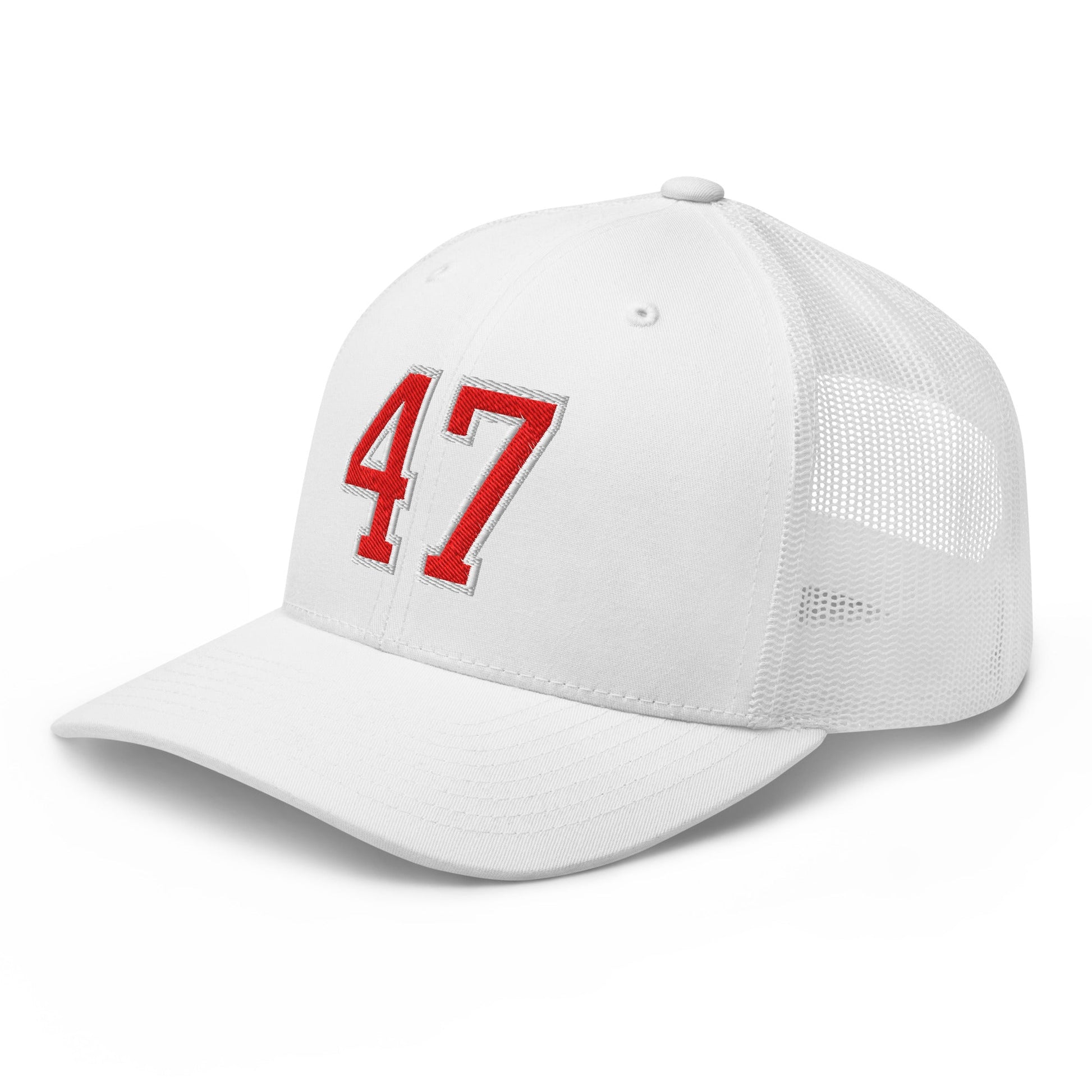 Donald Trump 47 Embroidered Mesh Trucker Hat Red/White White