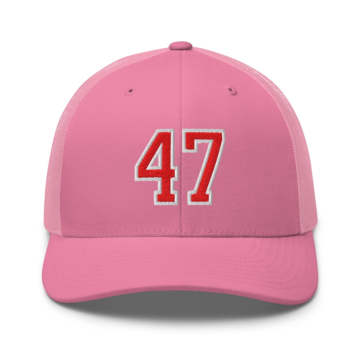 Donald Trump 47 Embroidered Mesh Trucker Hat Red/White Pink