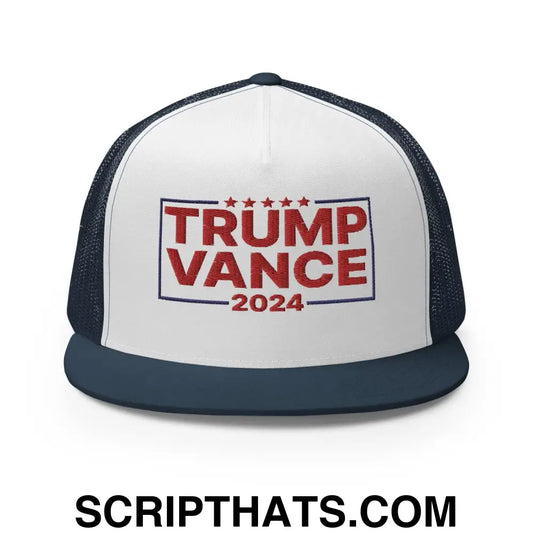 Donald Trump JD Vance 2024 Flat Bill Trucker Hat Navy White Navy