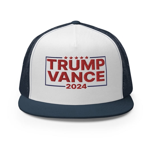 Donald Trump JD Vance 2024 Flat Bill Trucker Hat Navy White Navy