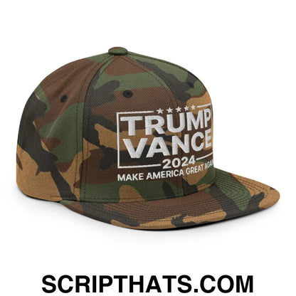 Donald Trump JD Vance 2024 MAGA Flat Bill Brim Snapback Hat Green Camo