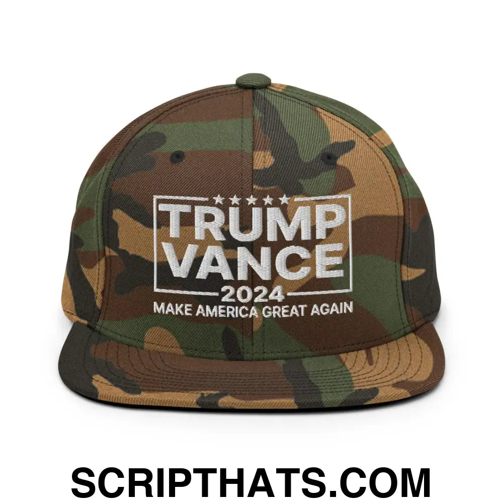 Donald Trump JD Vance 2024 MAGA Flat Bill Brim Snapback Hat Green Camo