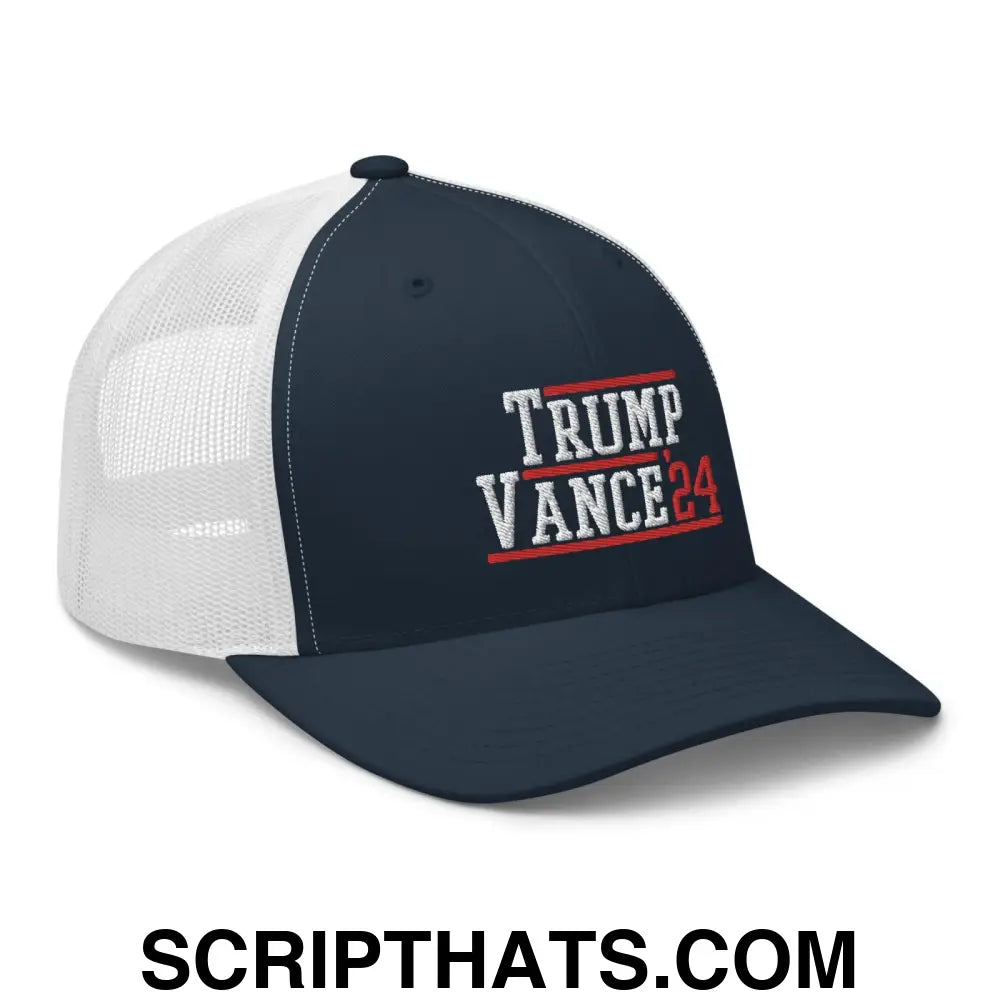 Donald Trump JD Vance 2024 Snapback Trucker Hat Navy White