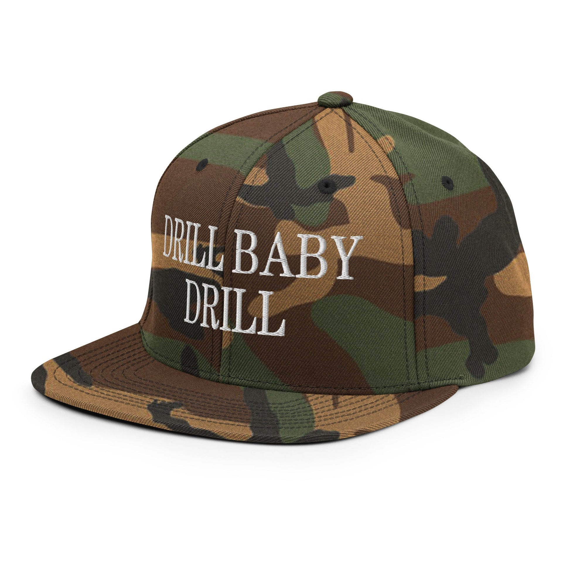 Drill Baby Drill Flat Bill Brim Snapback Hat Green Camo