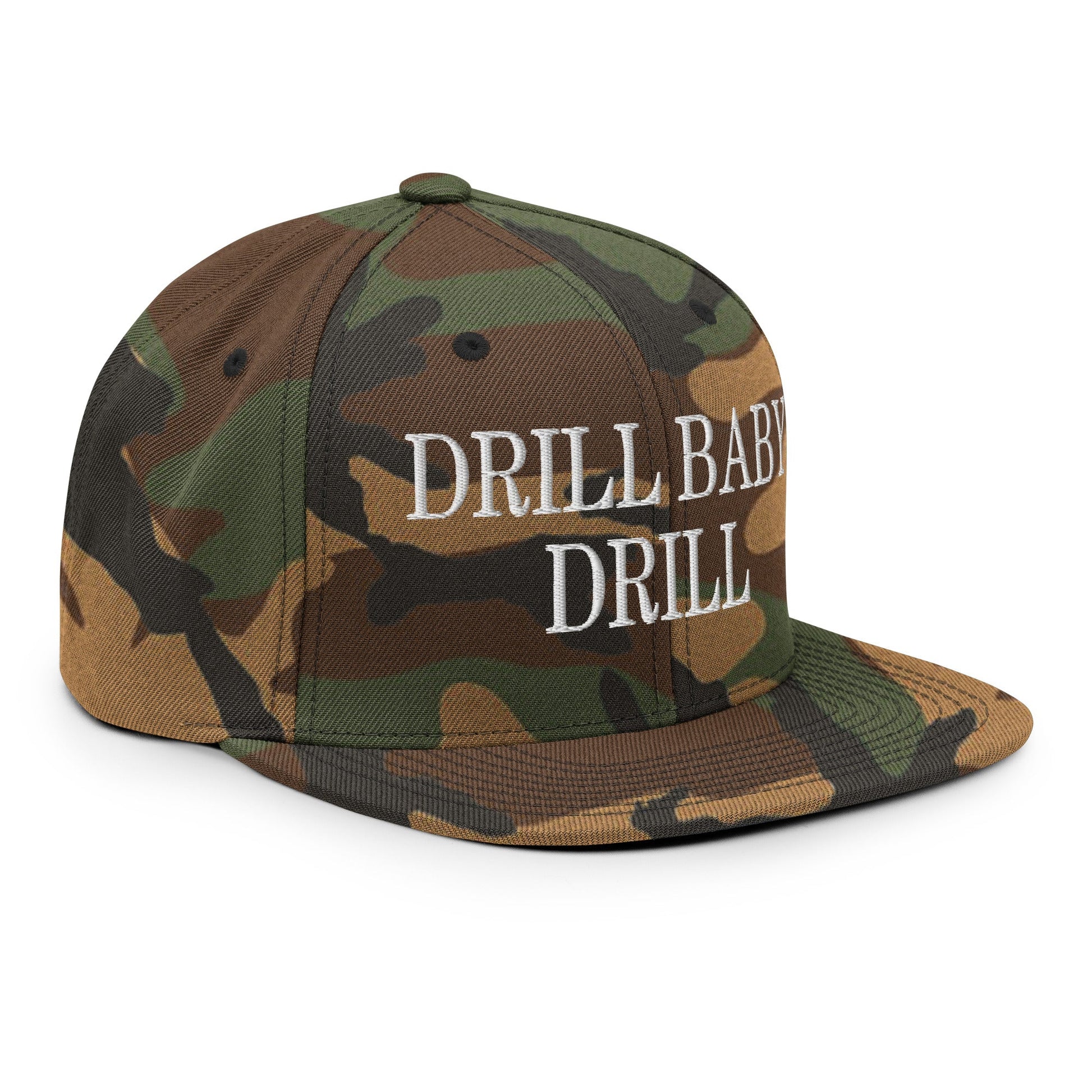 Drill Baby Drill Flat Bill Brim Snapback Hat Green Camo