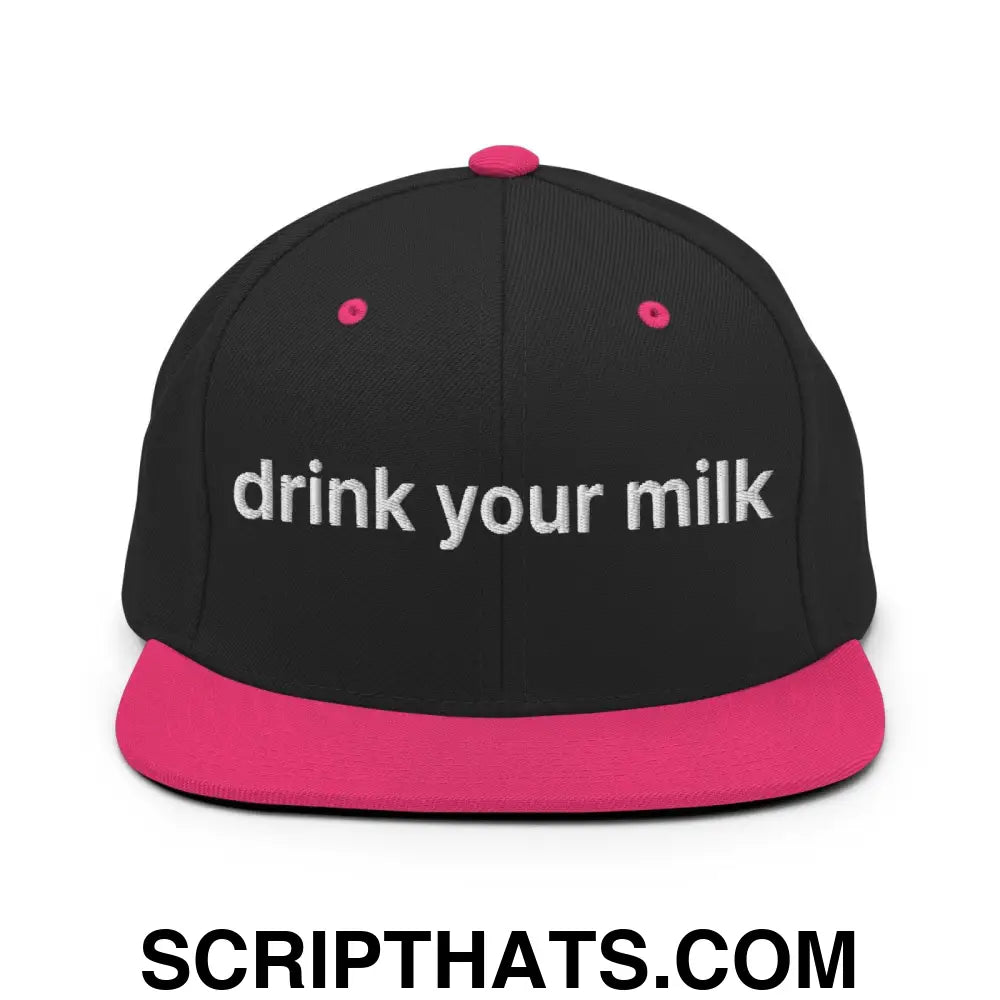 Drink Your Milk Snapback Hat Black Neon Pink