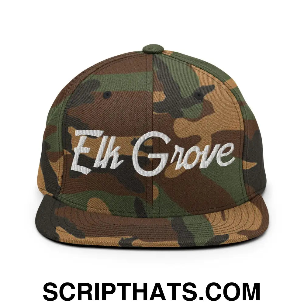 Elk Grove Script Snapback Hat Green Camo