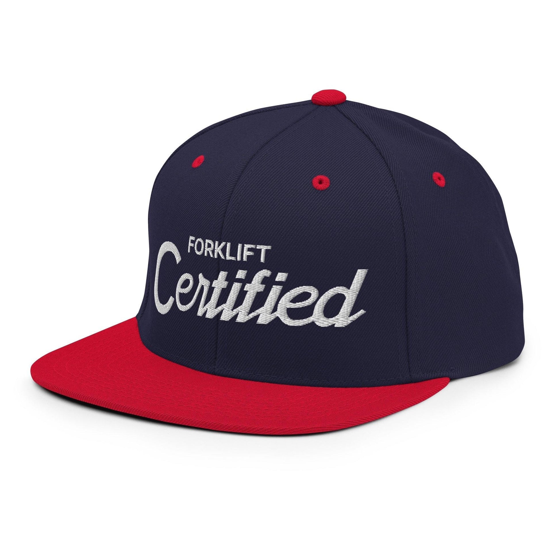 Forklift Certified Vintage Sports Script Snapback Hat Navy Red