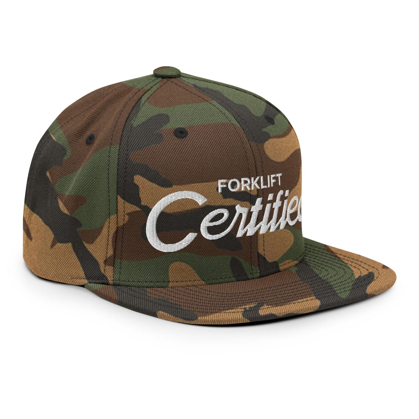 Forklift Certified Vintage Sports Script Snapback Hat Green Camo