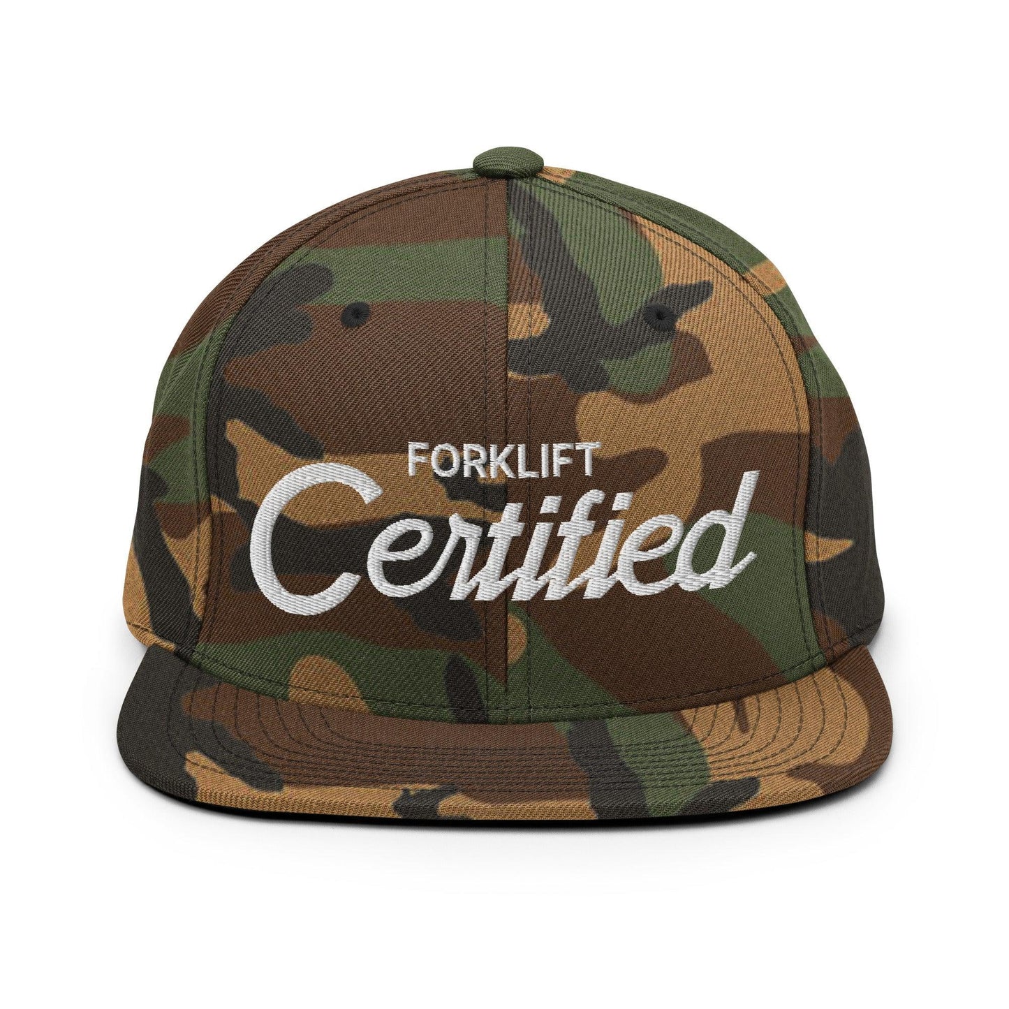 Forklift Certified Vintage Sports Script Snapback Hat Green Camo