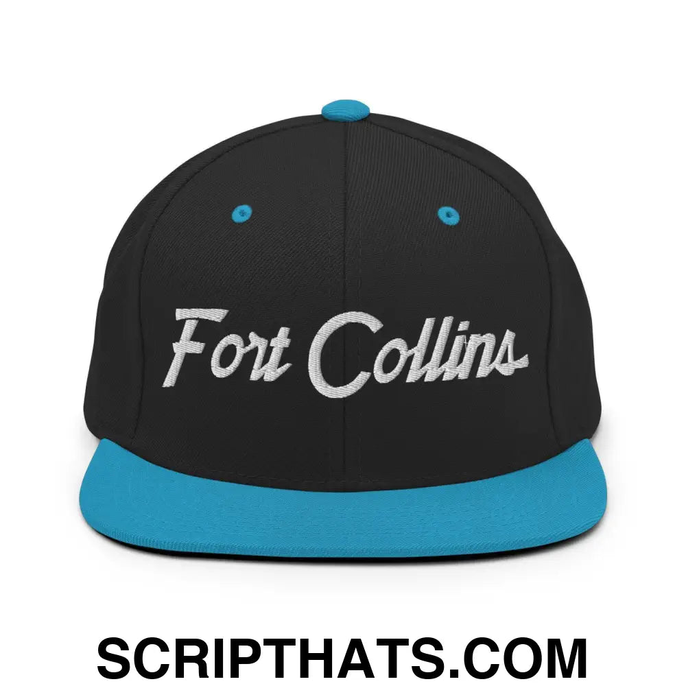 Fort Collins Script Snapback Hat Black Teal