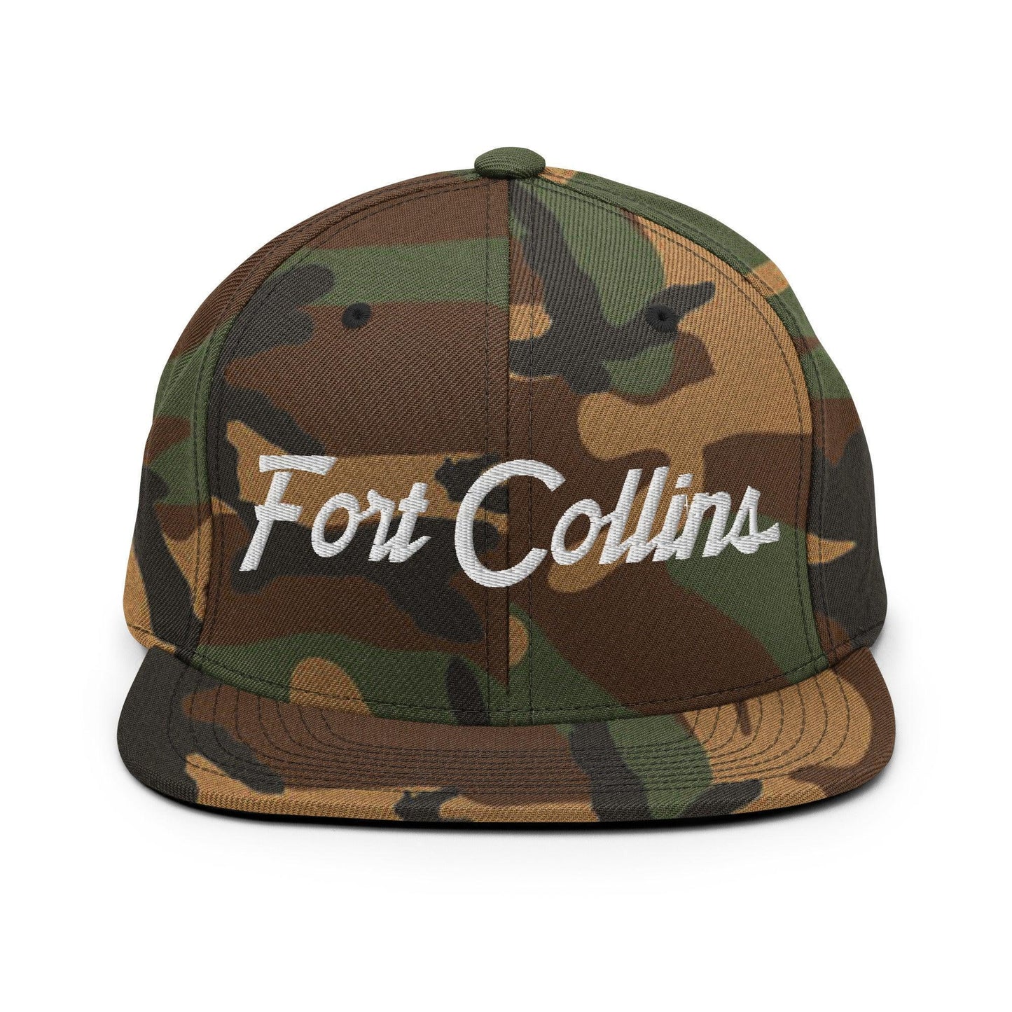 Fort Collins Script Snapback Hat Green Camo
