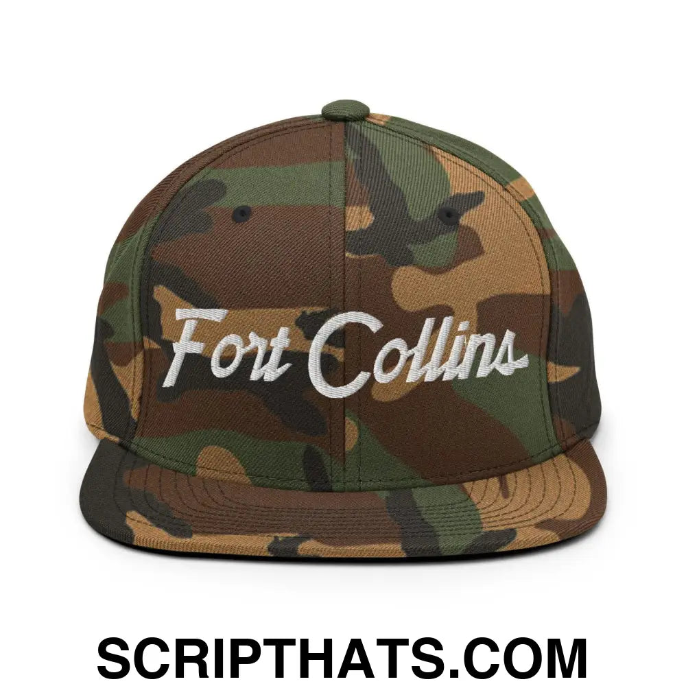 Fort Collins Script Snapback Hat Green Camo