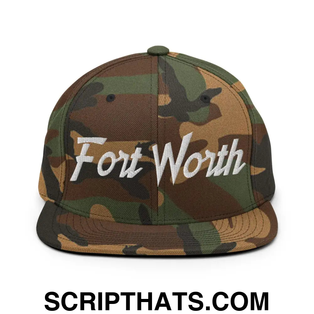 Fort Worth Script Snapback Hat Green Camo