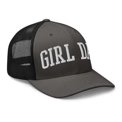 Girl Dad Varsity Letterman Embroidered Mesh Trucker Hat Charcoal Black