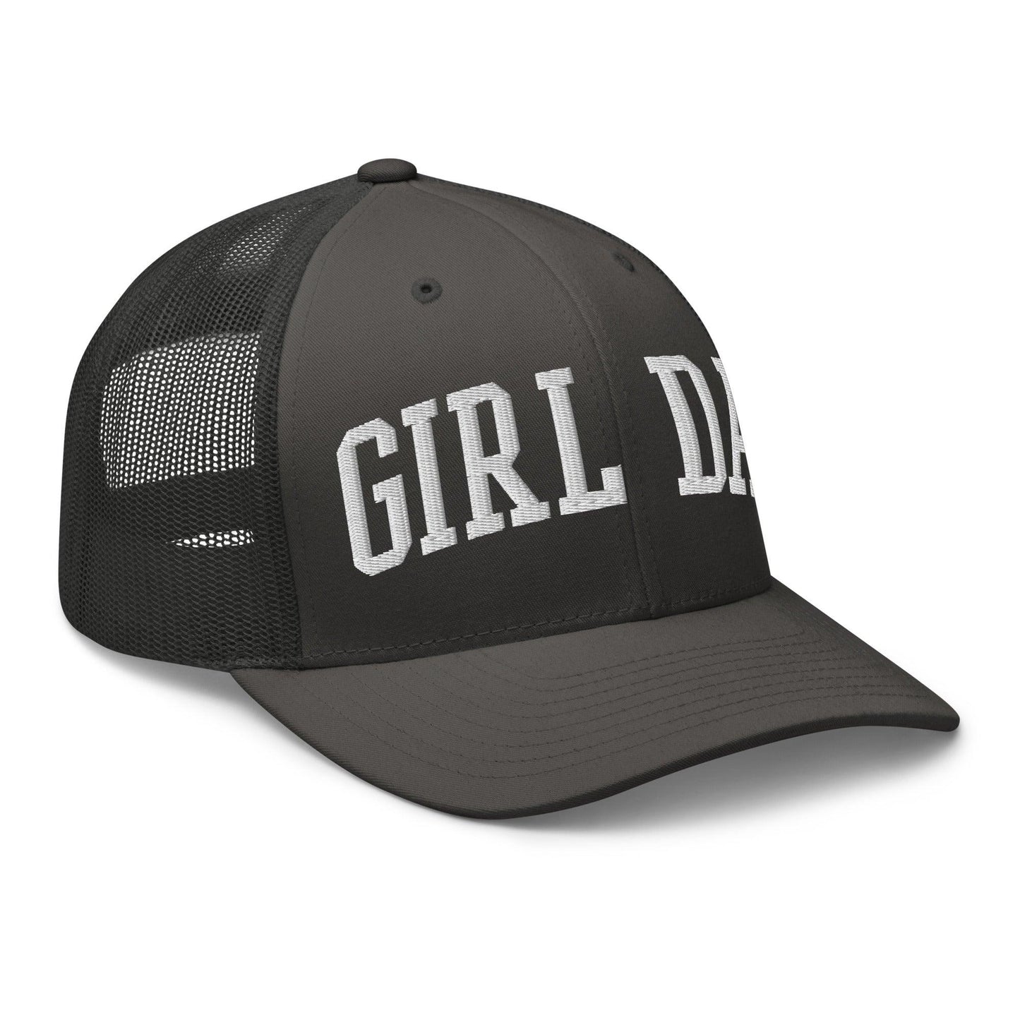 Girl Dad Varsity Letterman Embroidered Mesh Trucker Hat Charcoal