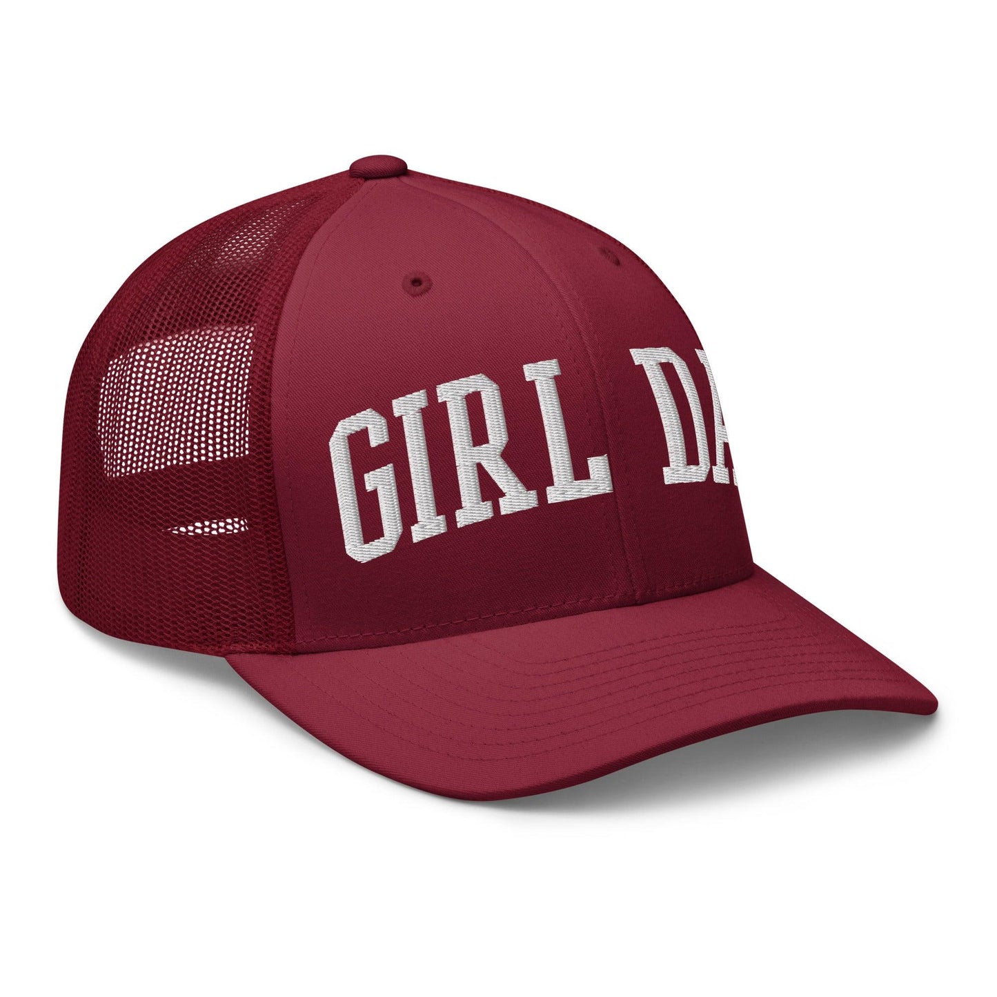 Girl Dad Varsity Letterman Embroidered Mesh Trucker Hat Cranberry