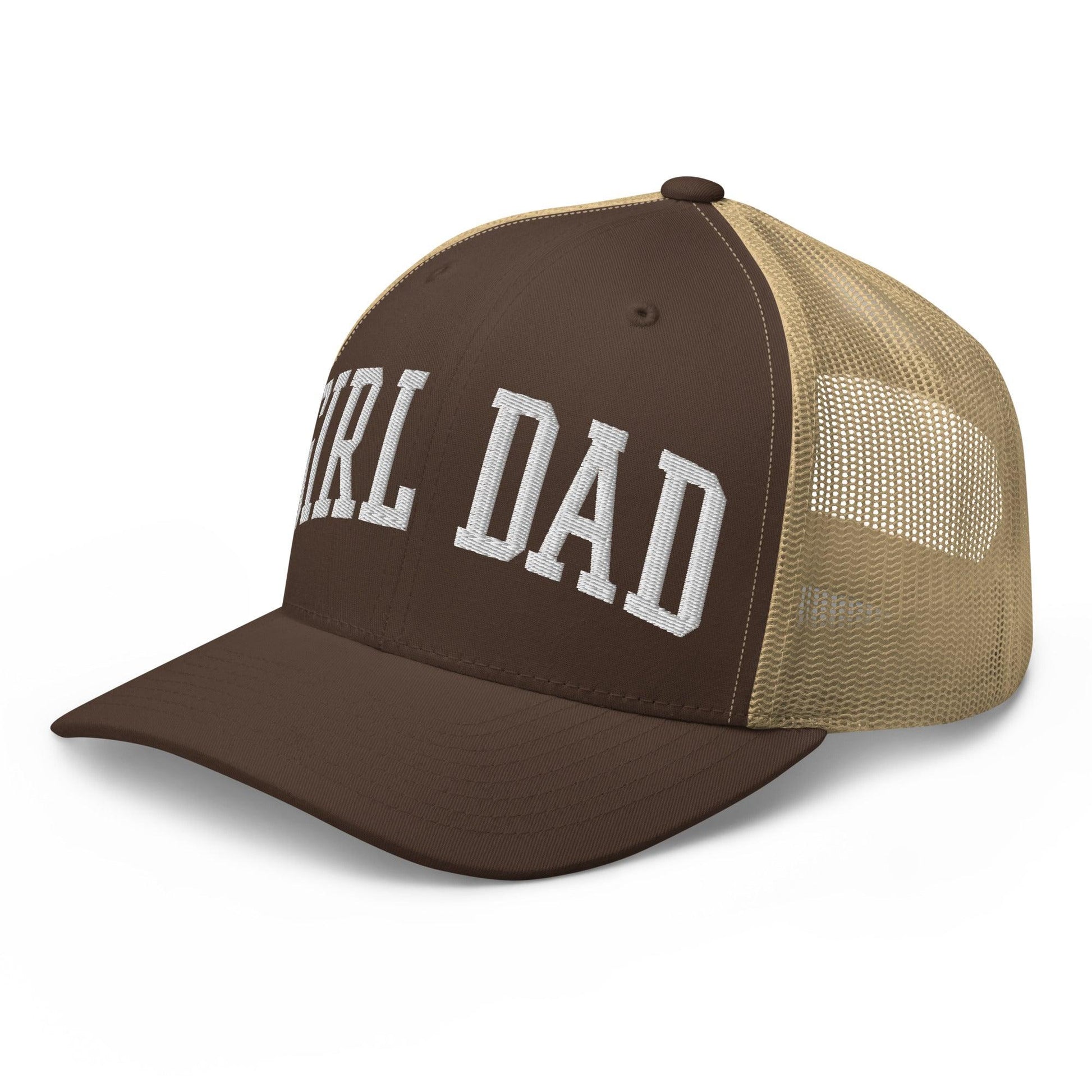 Girl Dad Varsity Letterman Embroidered Mesh Trucker Hat Brown Khaki