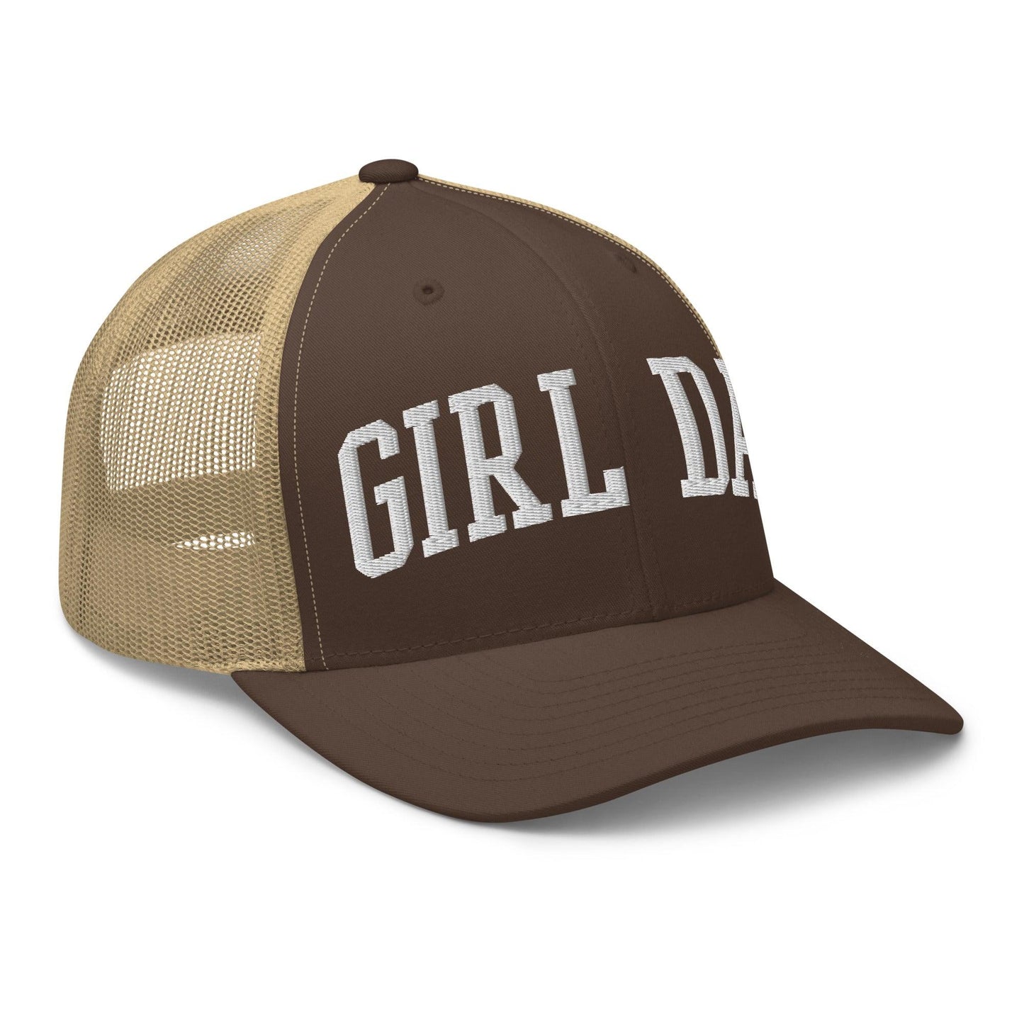 Girl Dad Varsity Letterman Embroidered Mesh Trucker Hat Brown Khaki